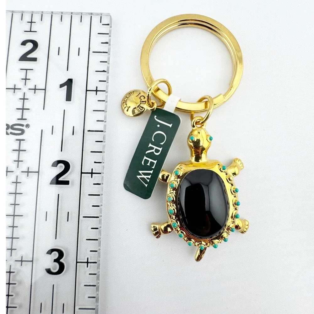J.Crew Gold Tone‎ Black Cabochon Turtle Keychain Bag Charm Turquoise Accents NEW